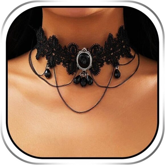 Jewelry - Stunning Black Lace Choker Necklace: Gothic Beaded Design for All Occasions